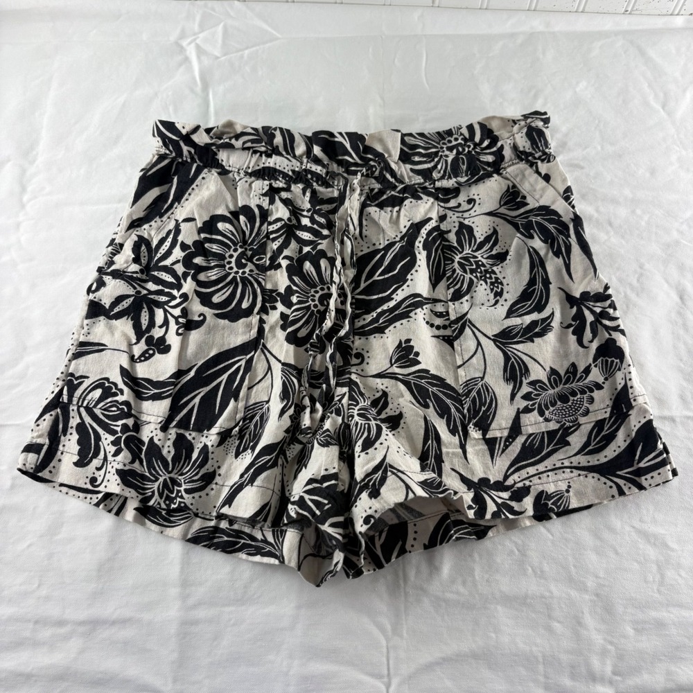 Who What Wear Womens Floral Linen Blend Paperbag Waist Shorts Black White Size M